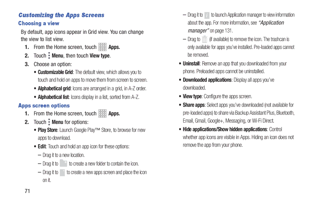 Verizon GH68-36971A manual Customizing the Apps Screens, Choosing a view, Apps screen options 