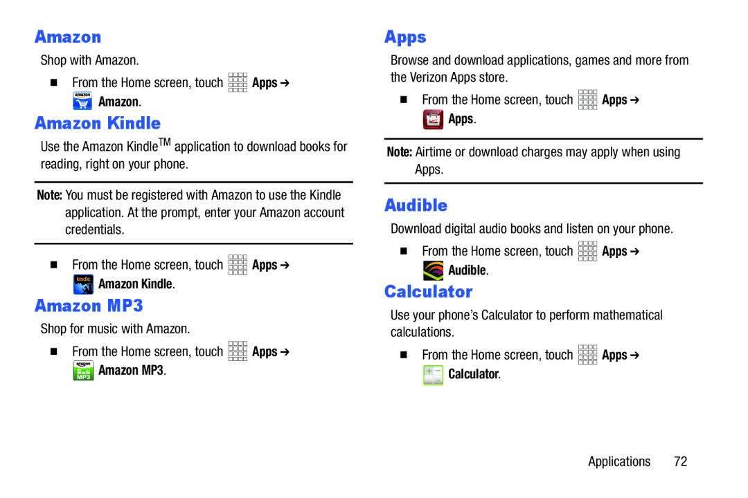 Verizon GH68-36971A manual Amazon Kindle, Amazon MP3, Apps, Audible, Calculator 