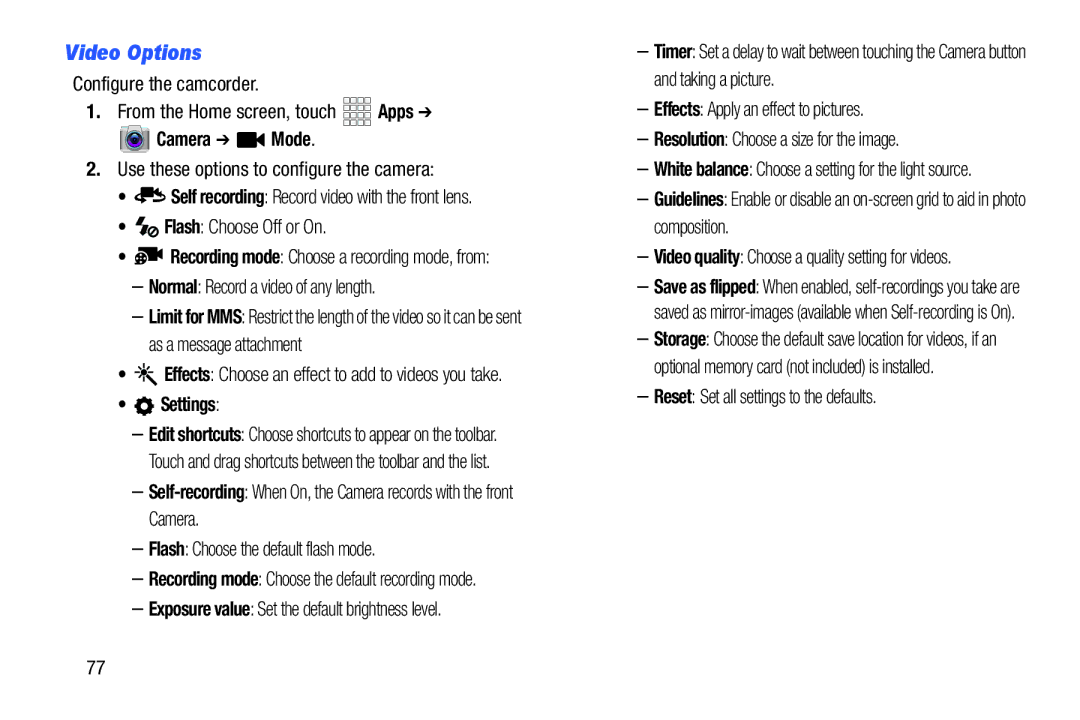 Verizon GH68-36971A manual Video Options, Camera Mode 