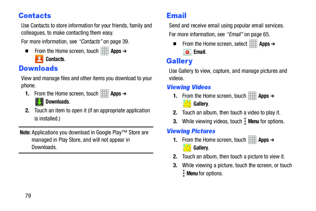 Verizon GH68-36971A manual Downloads, Gallery, Viewing Videos, Viewing Pictures 