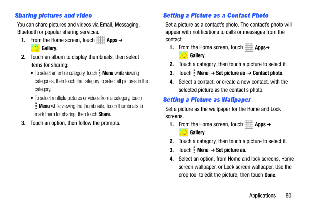 Verizon GH68-36971A manual Sharing pictures and video, Setting a Picture as a Contact Photo, Setting a Picture as Wallpaper 
