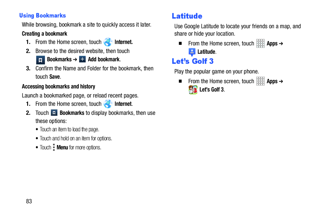 Verizon GH68-36971A manual Latitude, Let’s Golf, Using Bookmarks 