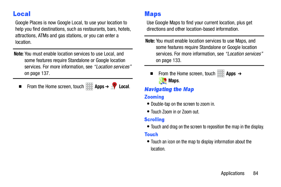 Verizon GH68-36971A manual Local, Maps, Navigating the Map, Zooming, Scrolling 