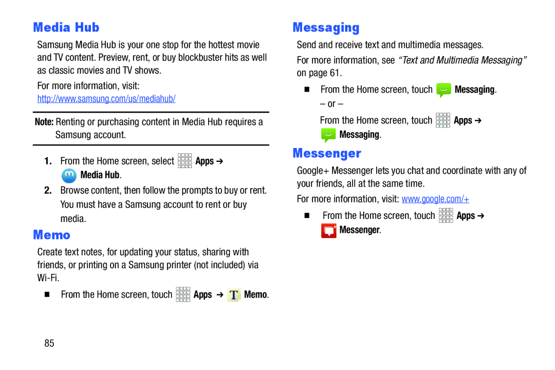 Verizon GH68-36971A manual Media Hub, Memo, Messaging, Messenger 