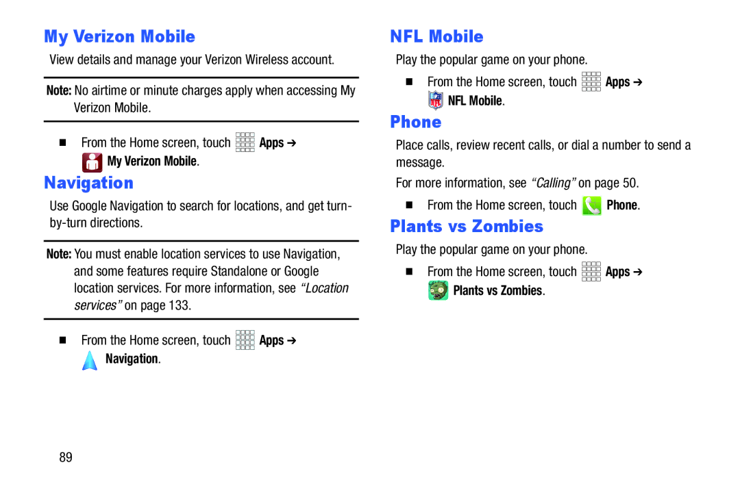 Verizon GH68-36971A manual My Verizon Mobile, NFL Mobile, Phone, Plants vs Zombies 