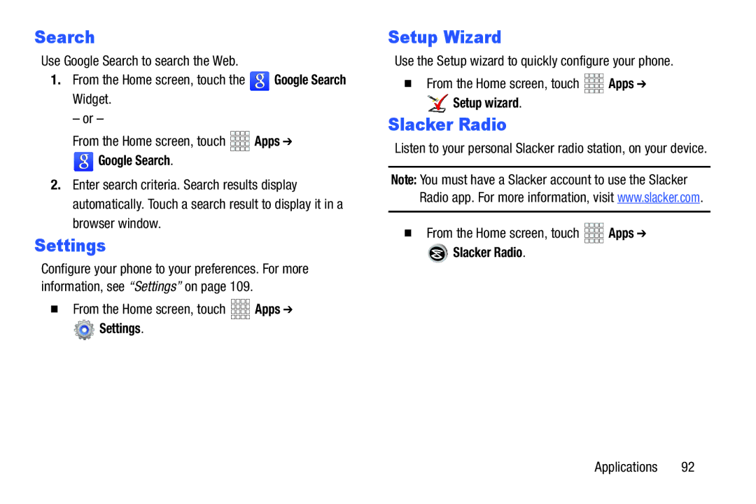 Verizon GH68-36971A manual Settings, Slacker Radio, Google Search 