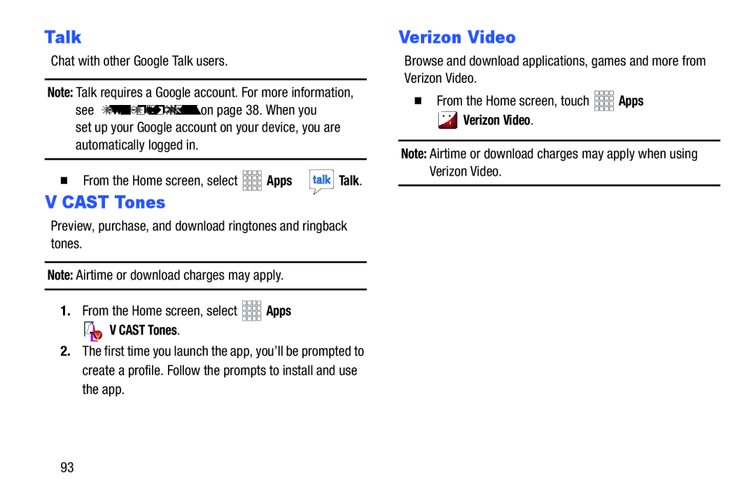 Verizon GH68-36971A manual Talk, Cast Tones, Verizon Video 