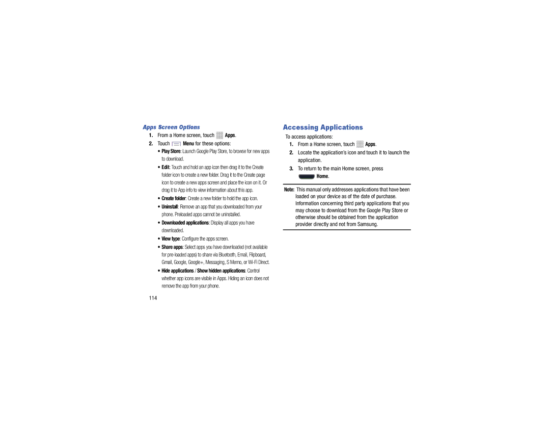 Verizon GH68-40021F manual Accessing Applications, From a Home screen, touch Apps Touch Menu for these options, 114 