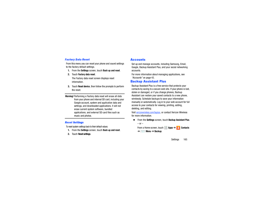 Verizon GH68-40021F manual Backup Assistant Plus, Factory Data Reset, Reset Settings 