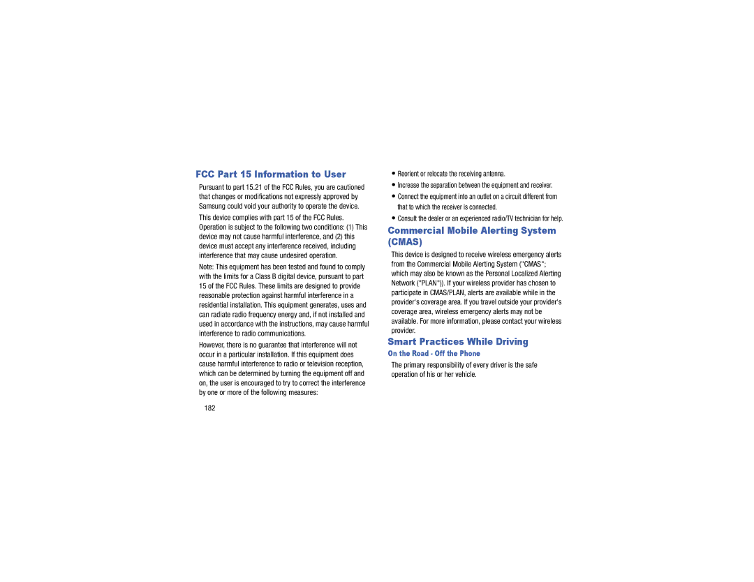 Verizon GH68-40021F FCC Part 15 Information to User, Commercial Mobile Alerting System Cmas, Smart Practices While Driving 