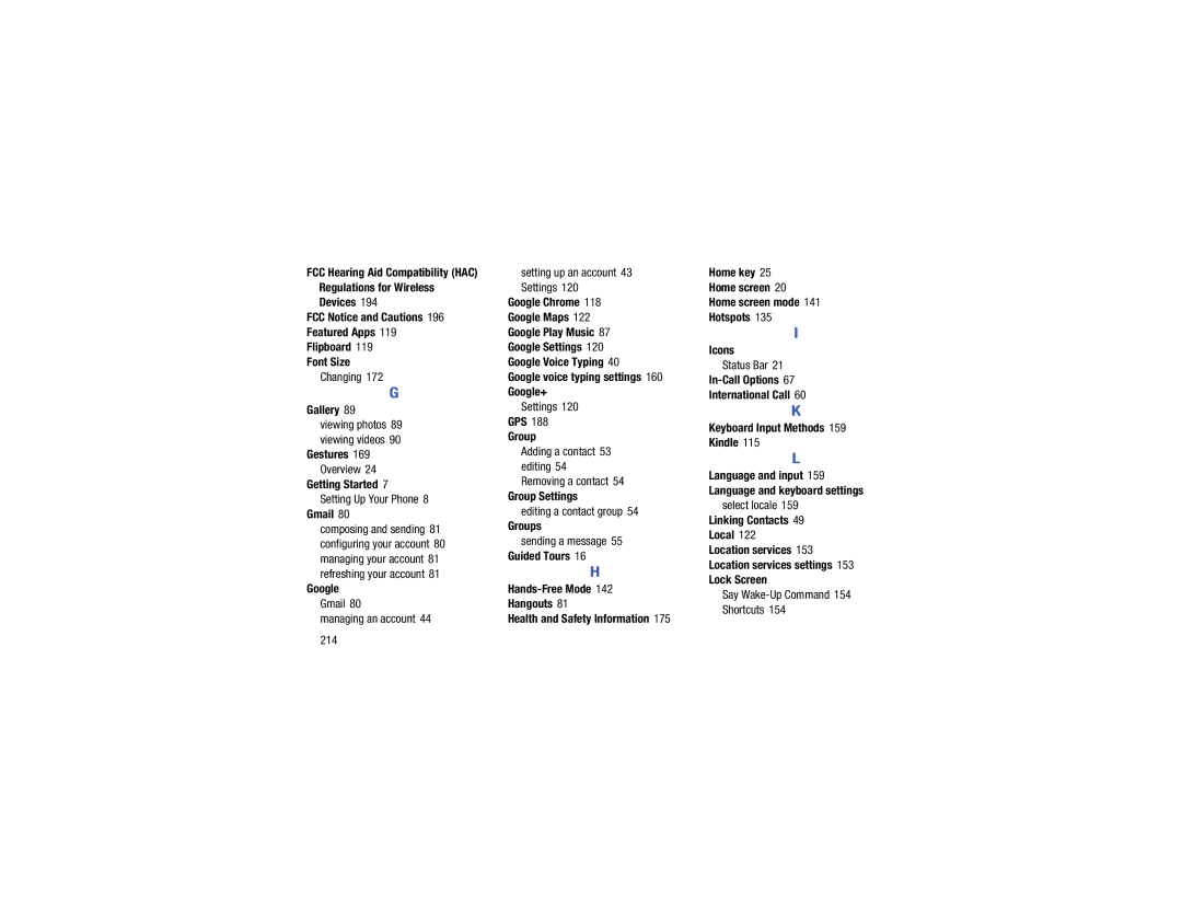 Verizon GH68-40021F manual Changing, Gmail Managing an account Setting up an account 43 Settings, Editing a contact group 