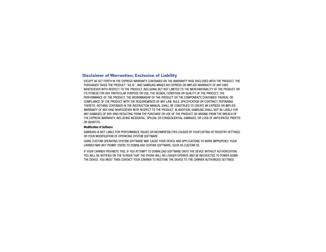 Verizon GH68-40021F manual Disclaimer of Warranties Exclusion of Liability, Modification of Software 