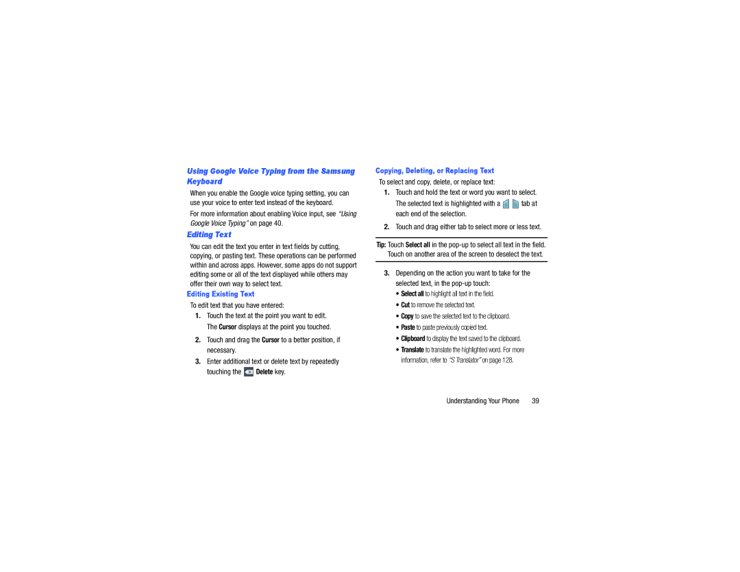 Verizon GH68-40021F To edit text that you have entered, Using Google Voice Typing from the Samsung Keyboard, Editing Text 