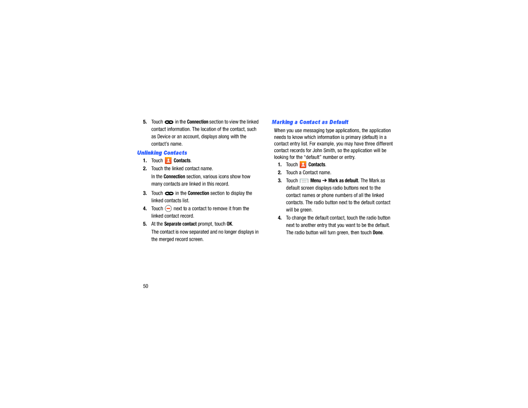 Verizon GH68-40021F Touch the linked contact name, Touch a Contact name, Unlinking Contacts, Marking a Contact as Default 