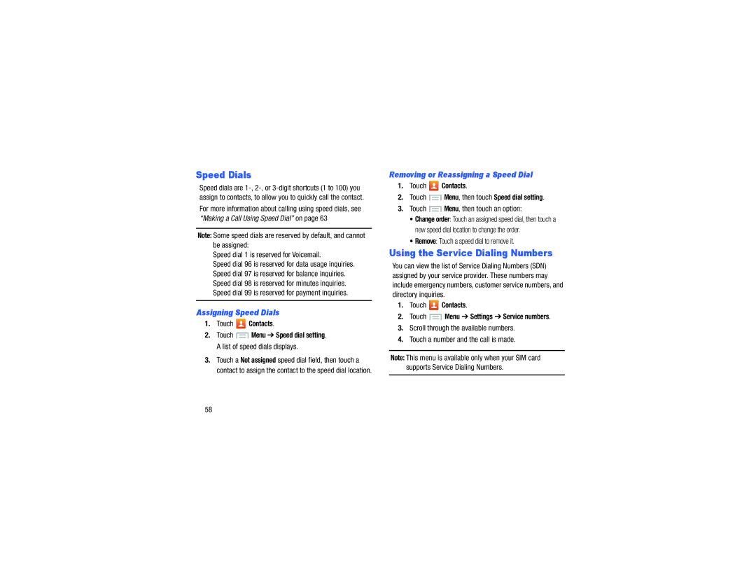 Verizon GH68-40021F manual Speed Dials, Using the Service Dialing Numbers, Speed dial 1 is reserved for Voicemail 