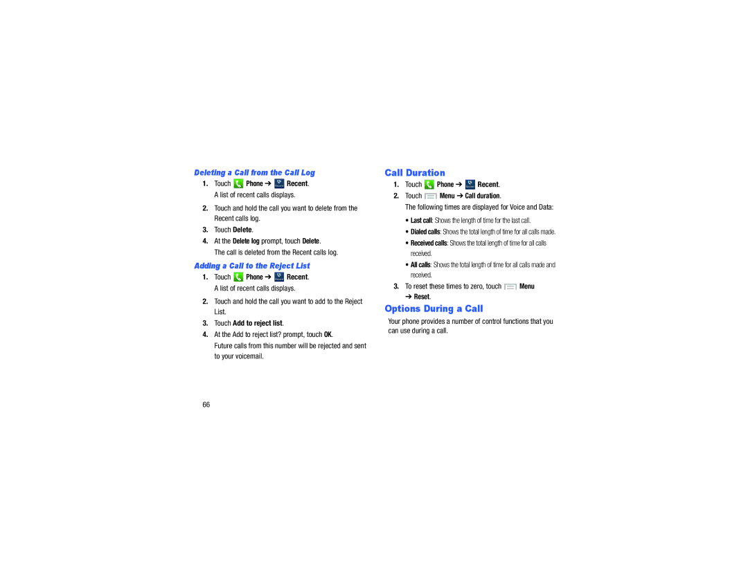 Verizon GH68-40021F manual Call Duration, Options During a Call, Touch and hold the call you want to add to the Reject List 