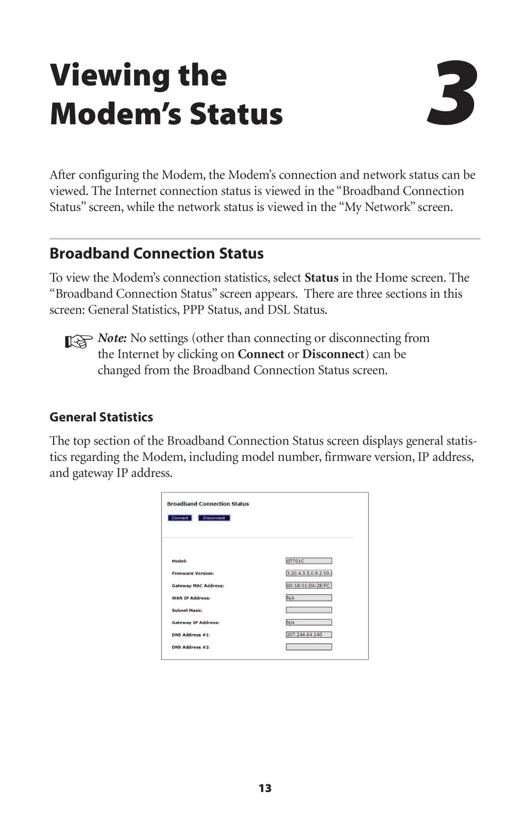 Verizon GT701C user manual Viewing Modem’s Status, Broadband Connection Status 