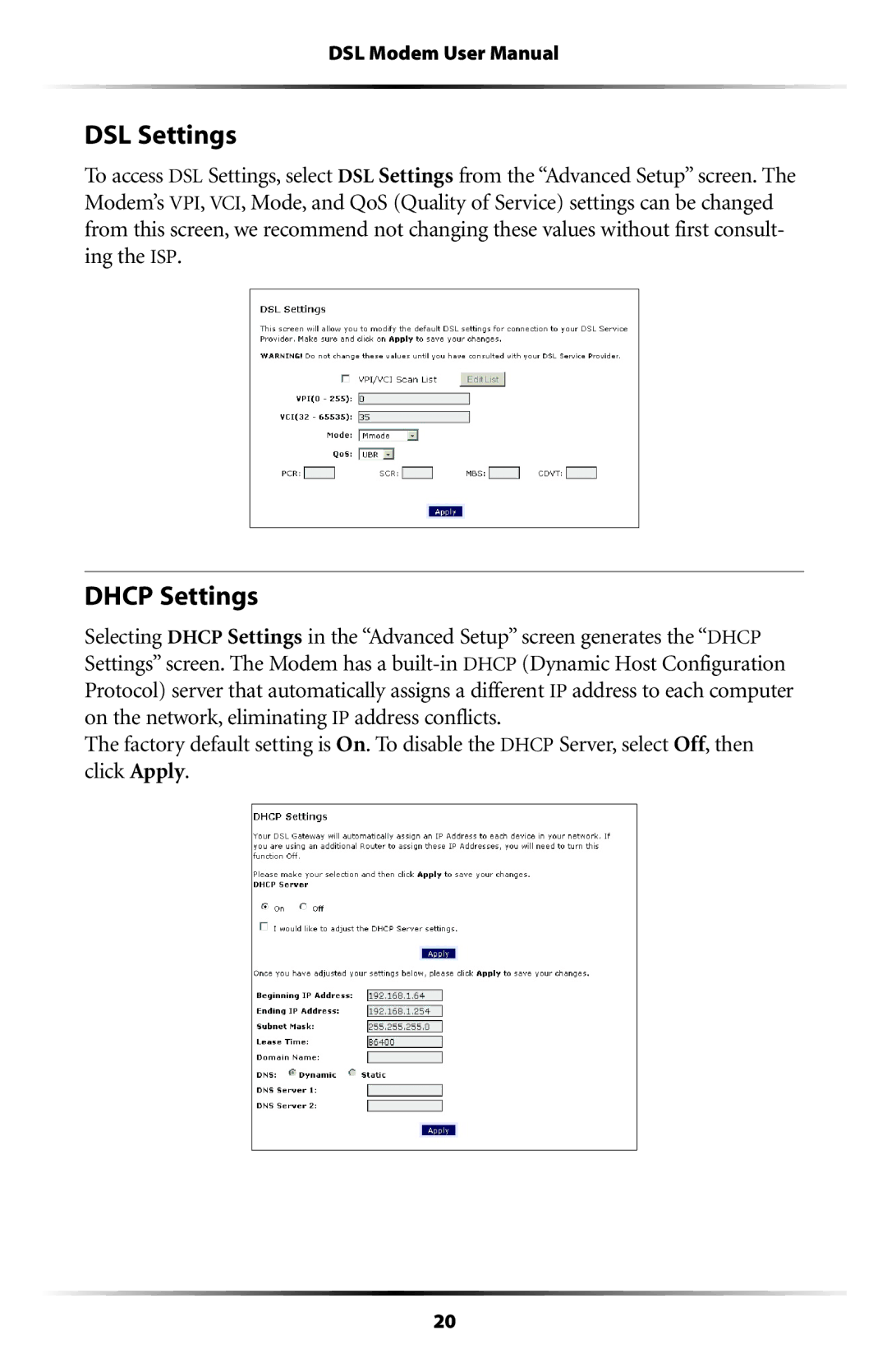 Verizon GT701C user manual DSL Settings, Dhcp Settings 