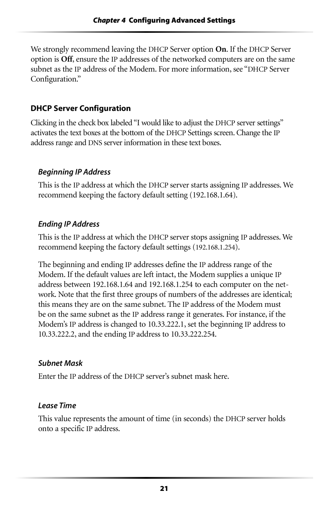 Verizon GT701C user manual Beginning IP Address, Ending IP Address, Subnet Mask, Lease Time 