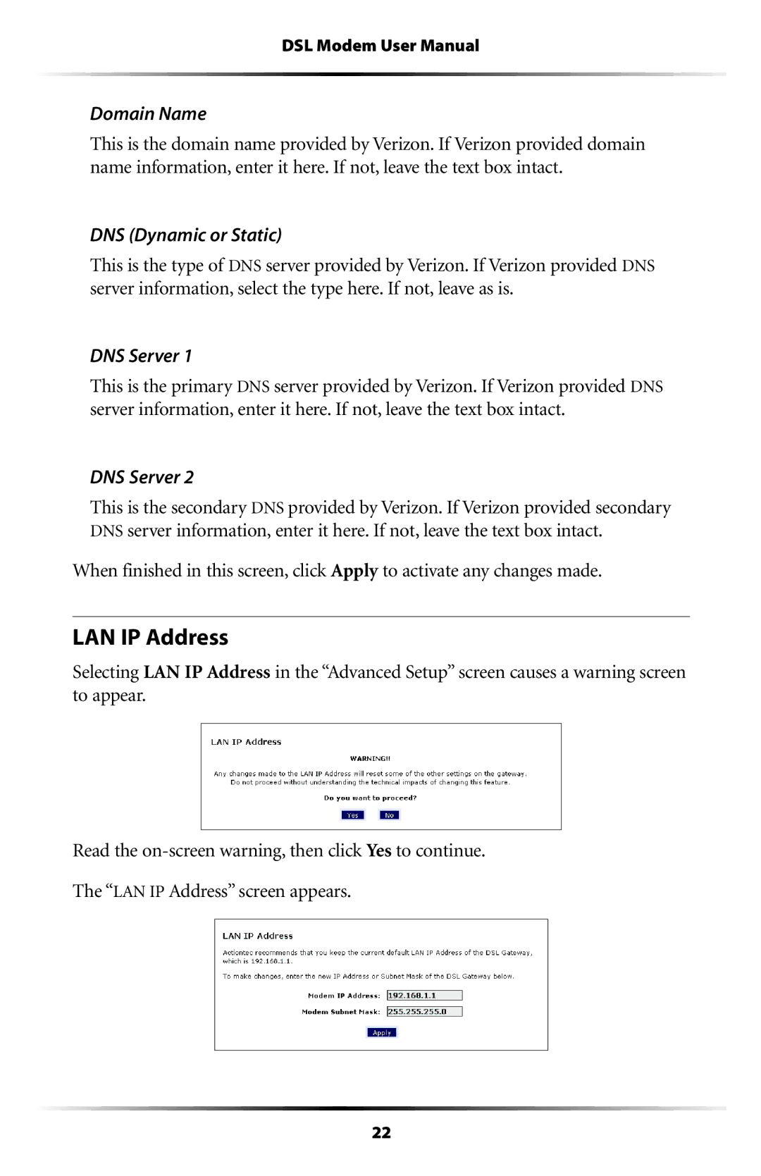 Verizon GT701C user manual LAN IP Address, Domain Name, DNS Dynamic or Static, DNS Server 