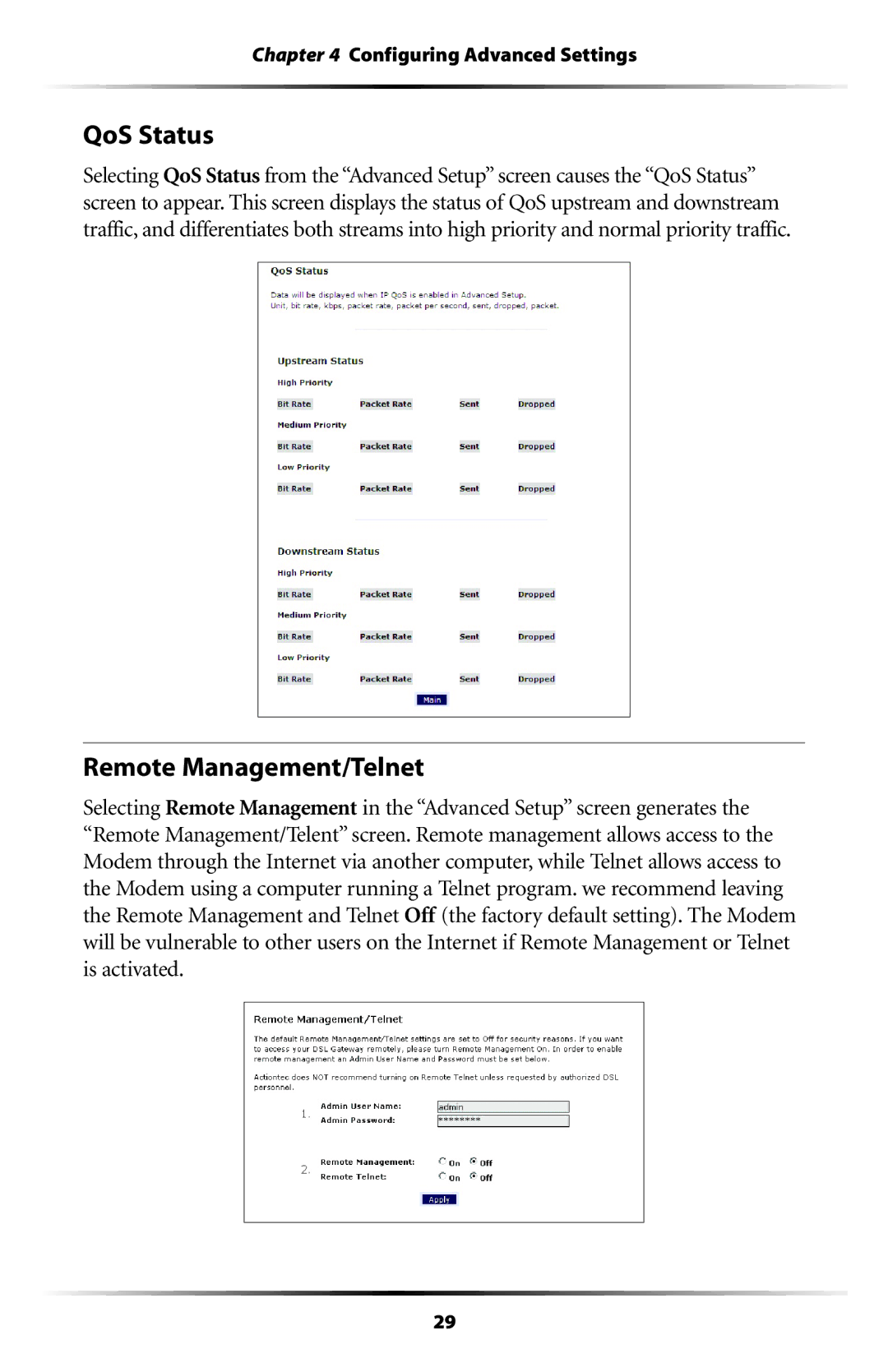 Verizon GT701C user manual QoS Status, Remote Management/Telnet 