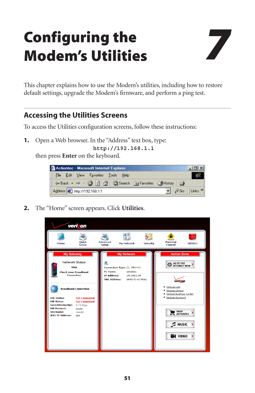 Verizon GT701C user manual Configuring Modem’s Utilities, Accessing the Utilities Screens 