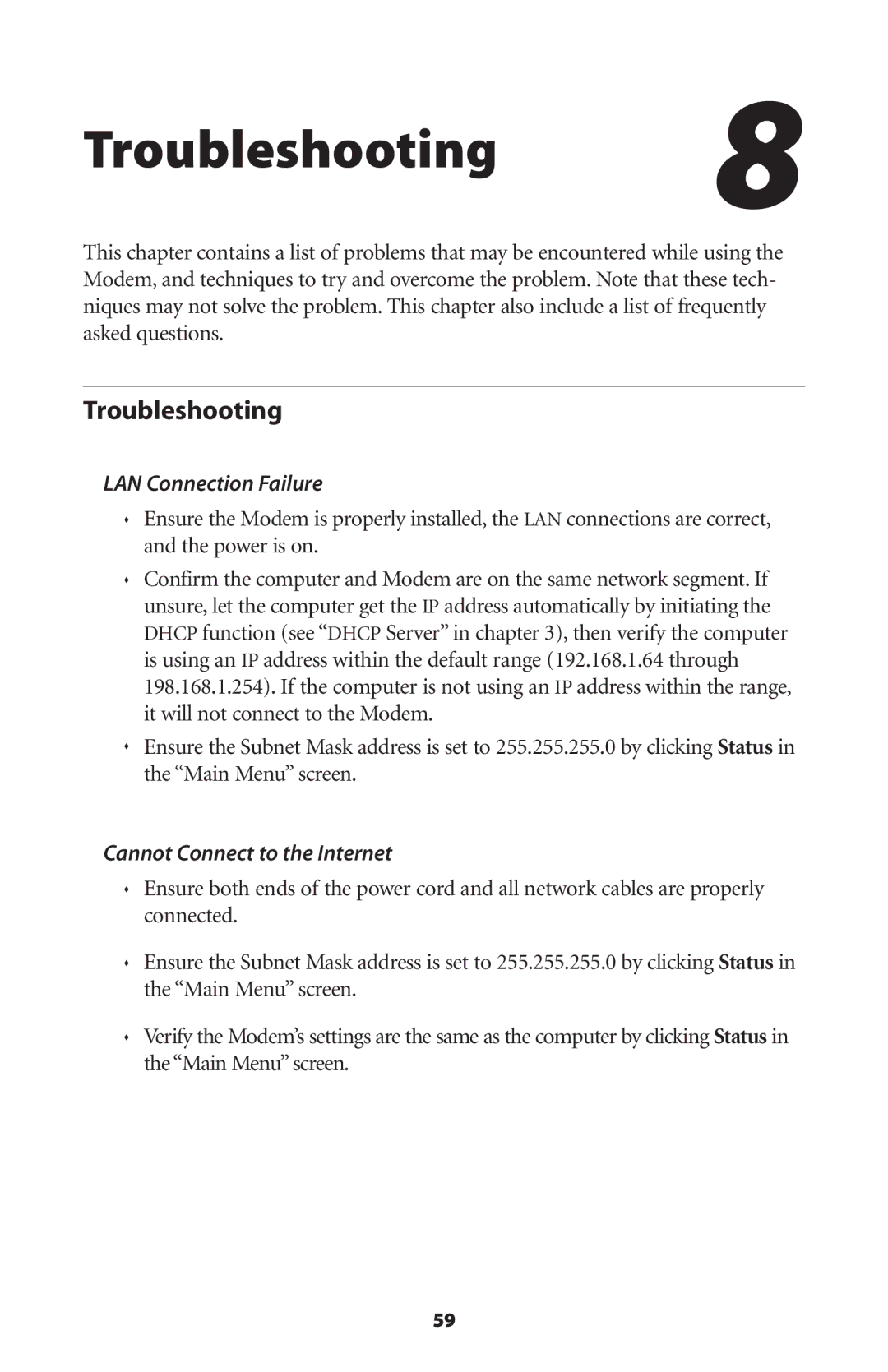 Verizon GT701C user manual Troubleshooting, LAN Connection Failure, Cannot Connect to the Internet 