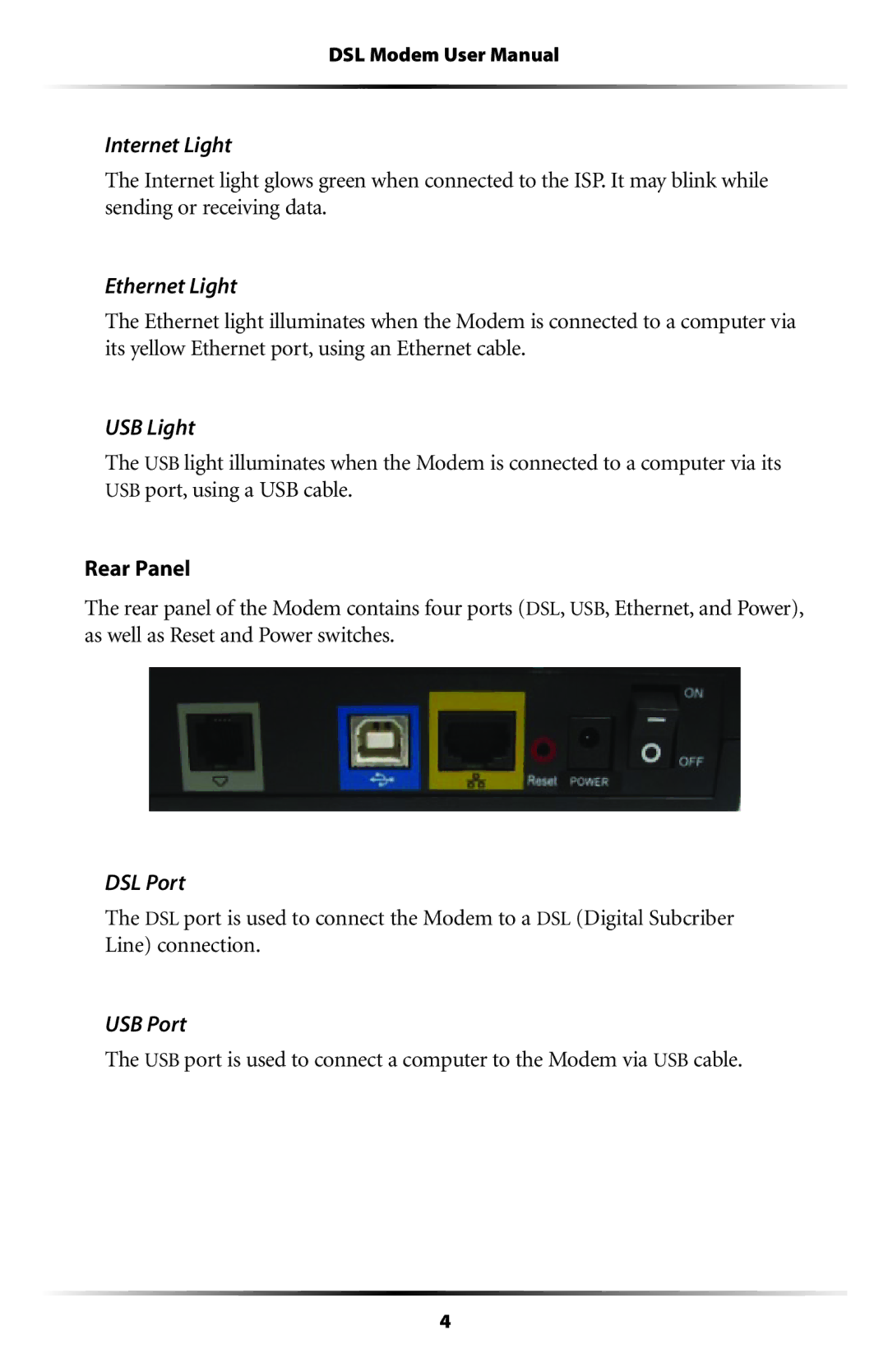 Verizon GT701C user manual Internet Light, Ethernet Light, USB Light, DSL Port, USB Port 