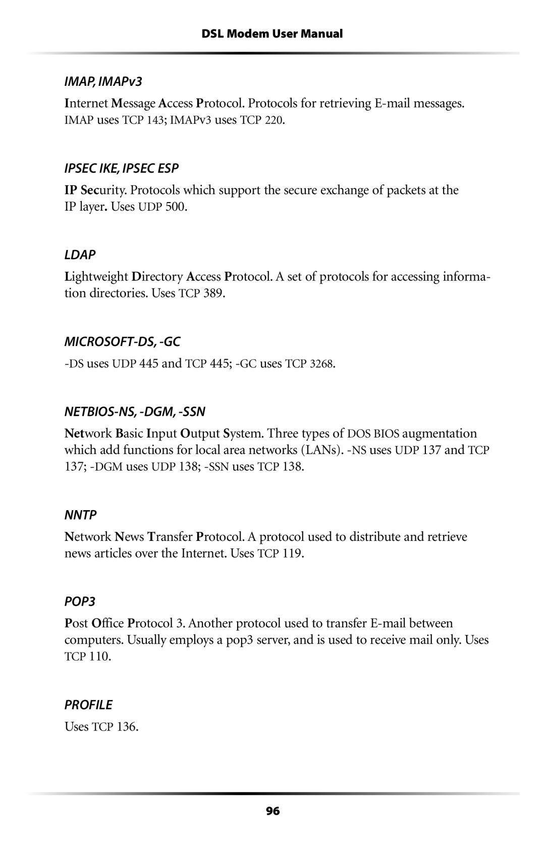 Verizon GT701C user manual IMAP, IMAPv3, Ipsec IKE, Ipsec ESP 