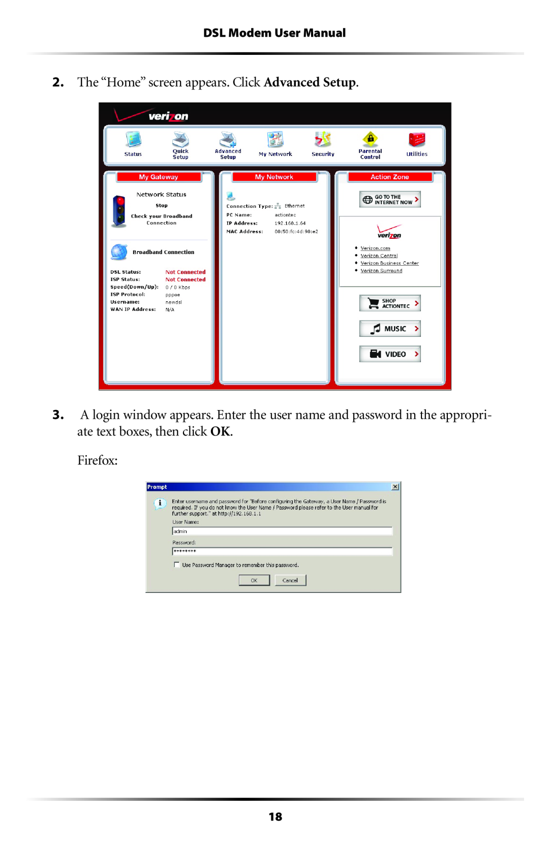 Verizon GT701C user manual The “Home” screen appears. Click Advanced Setup, Firefox, DSL Modem User Manual 
