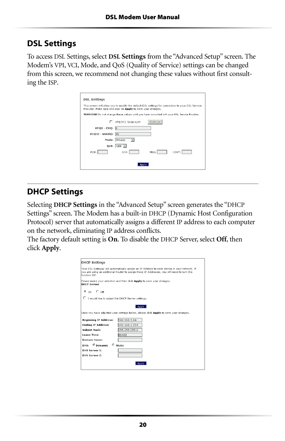 Verizon GT701C user manual DSL Settings, DHCP Settings 