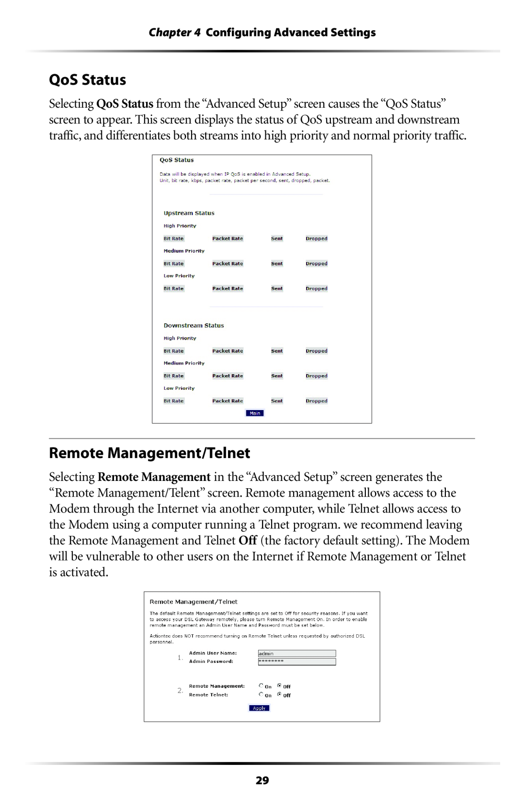 Verizon GT701C user manual QoS Status, Remote Management/Telnet 