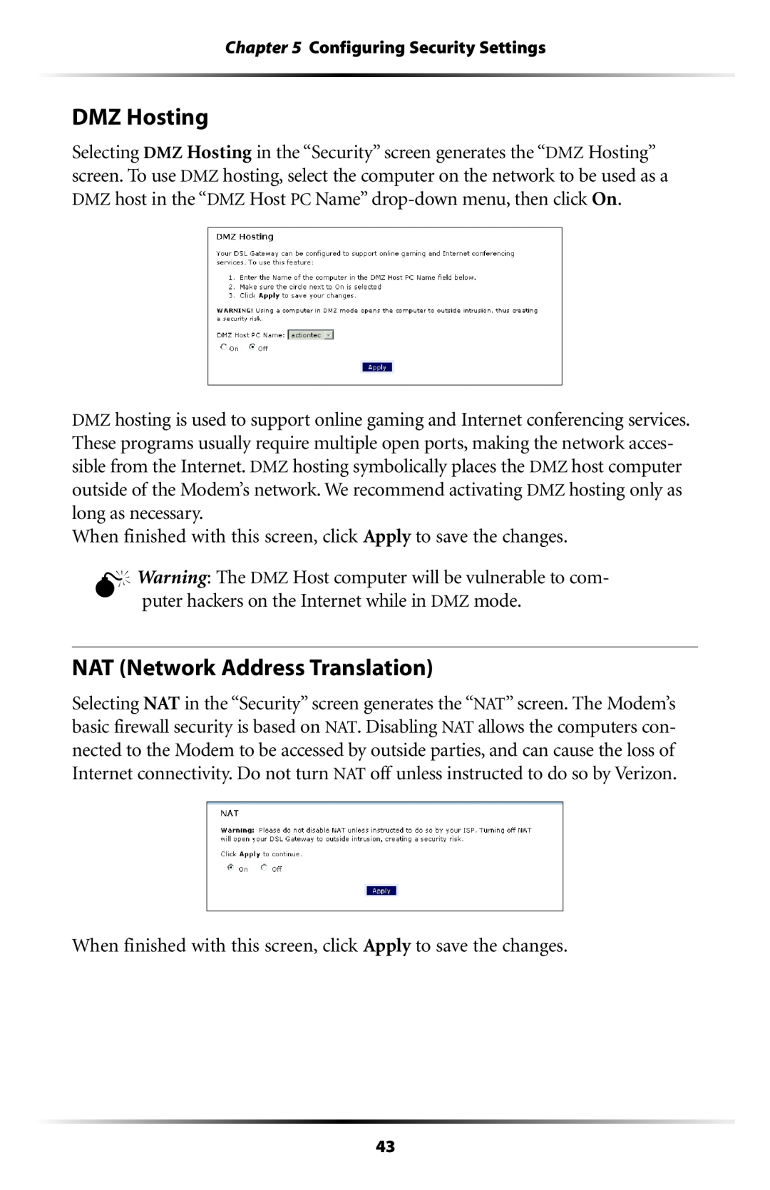 Verizon GT701C user manual DMZ Hosting, NAT Network Address Translation 