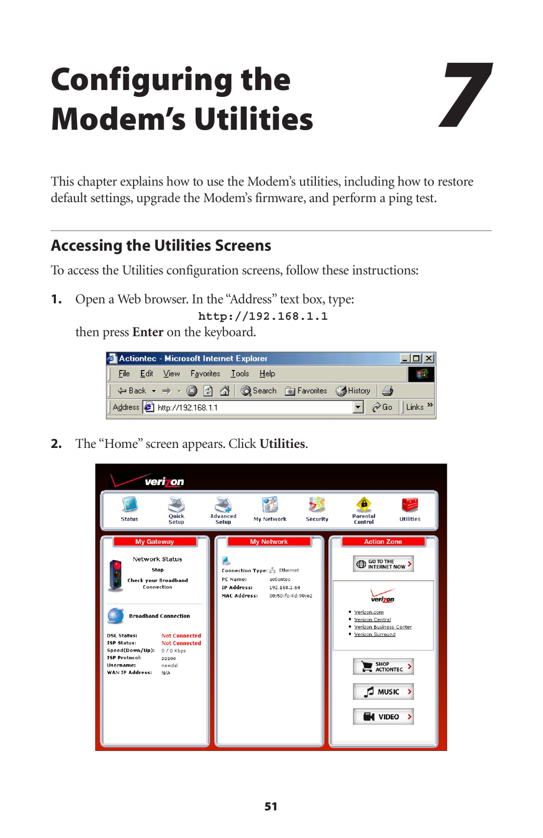 Verizon GT701C user manual Configuring the, Modem’s Utilities, Accessing the Utilities Screens 