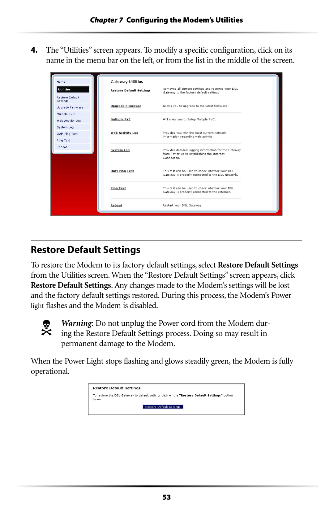 Verizon GT701C user manual Restore Default Settings, Configuring the Modem’s Utilities 