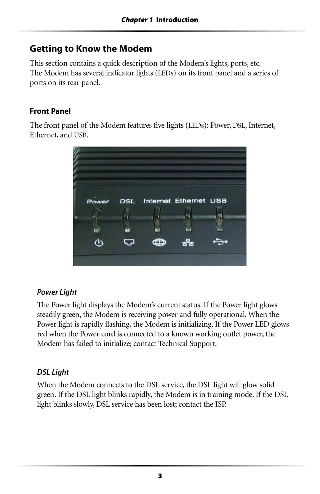 Verizon GT701C user manual Getting to Know the Modem, Power Light, DSL Light 