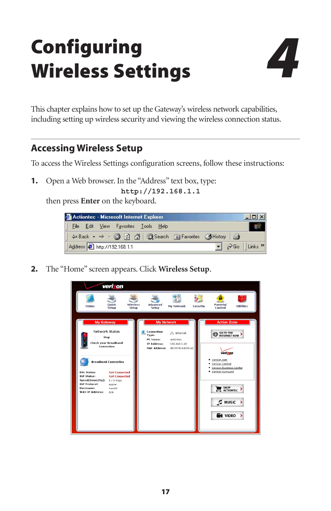 Verizon GT704WG user manual Configuring4 Wireless Settings, Accessing Wireless Setup 