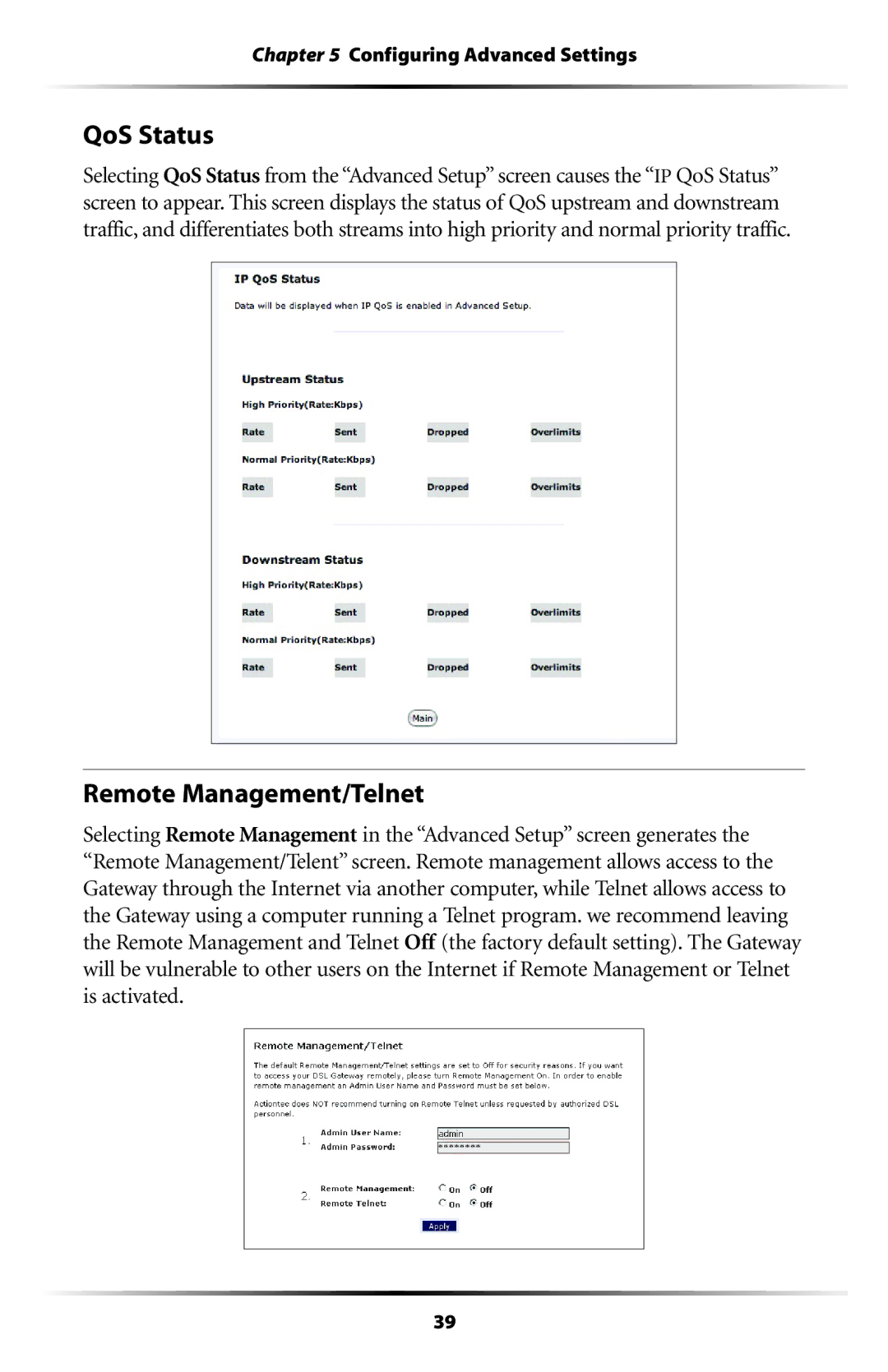 Verizon GT704WG user manual QoS Status, Remote Management/Telnet 