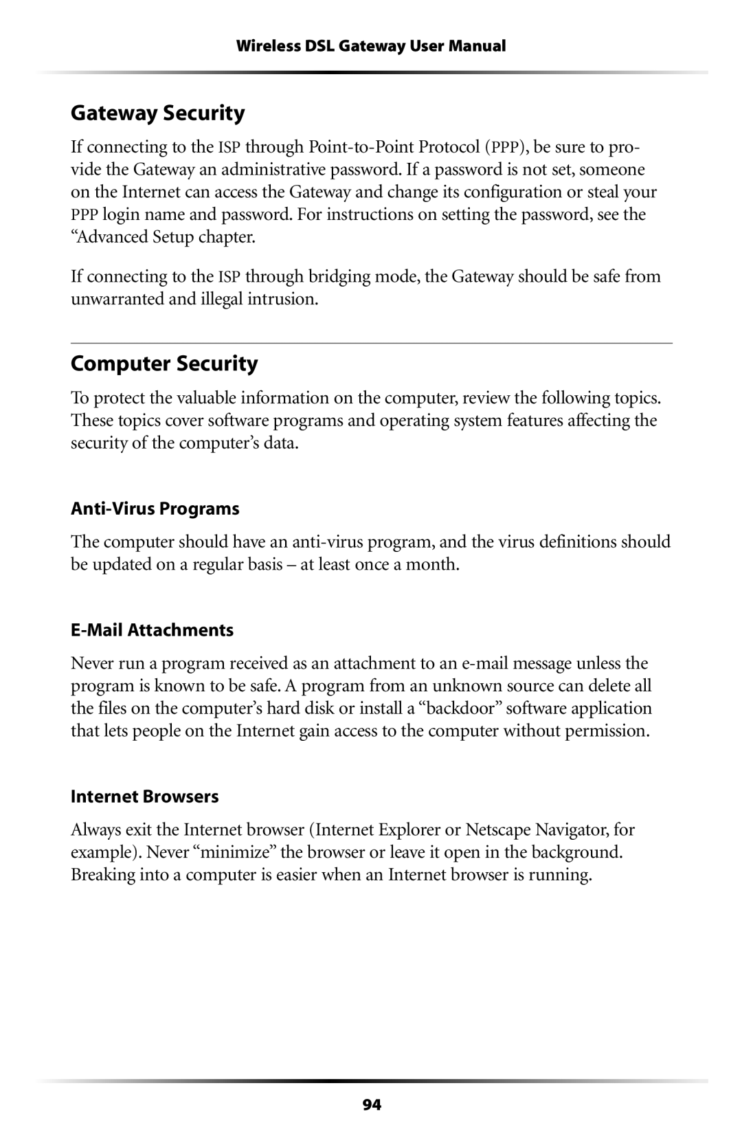 Verizon GT704WG user manual Gateway Security, Computer Security 