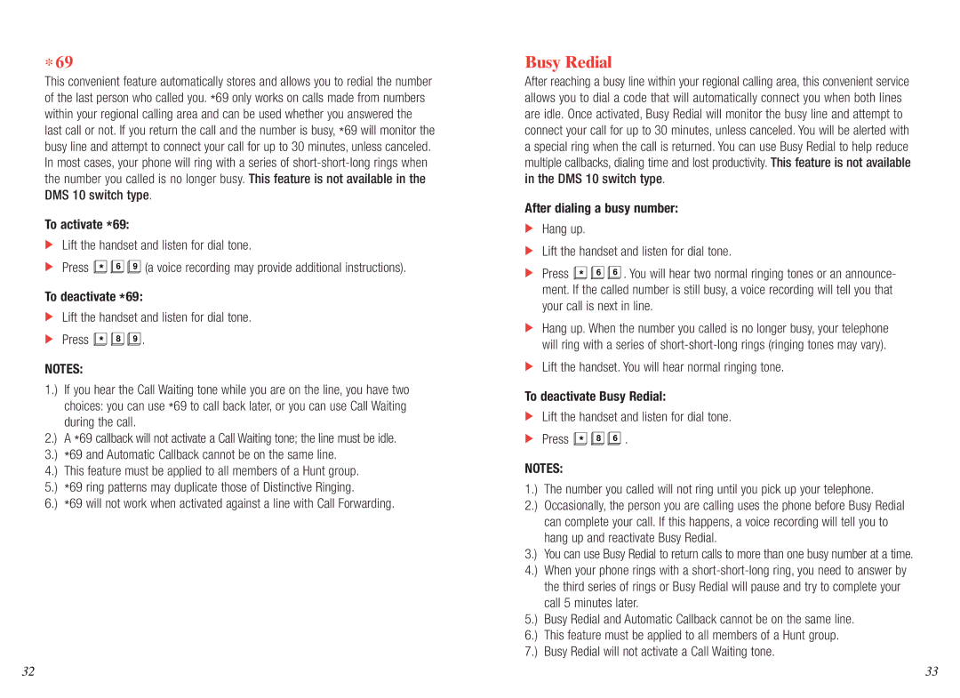 Verizon GTD-5, DMS 10, 5ESS To activate *69, To deactivate *69, After dialing a busy number, To deactivate Busy Redial 