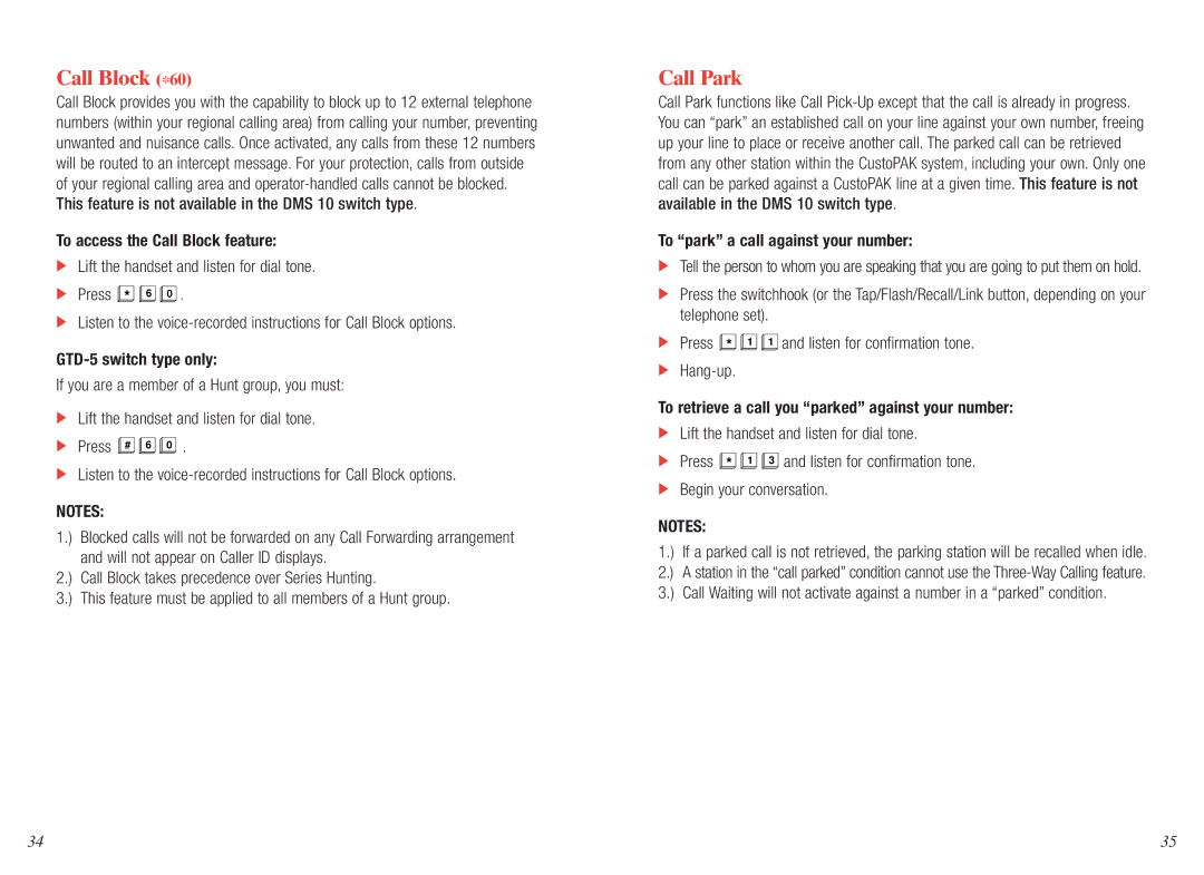 Verizon GTD-5, CentraNet, CustoPAK, 5ESS, DMS 100 manual Call Block *60, Call Park 