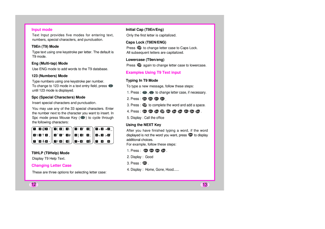 Verizon LG-TM510 manual Input mode, Changing Letter Case, Examples Using T9 Text input 