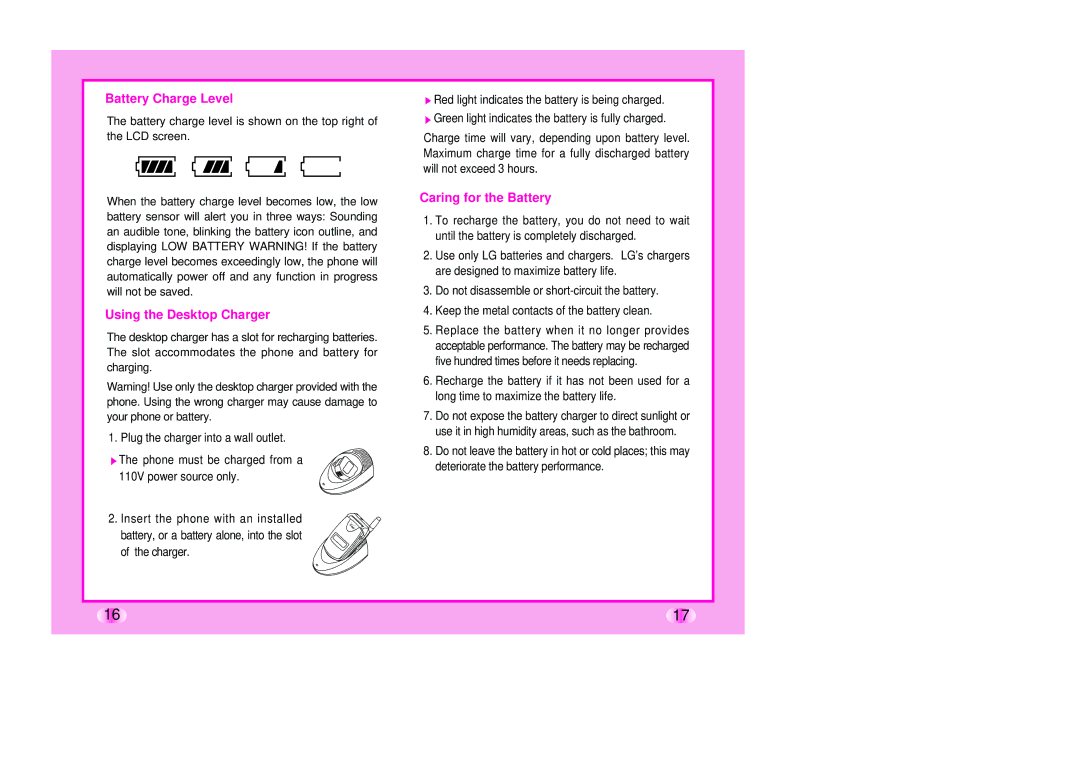 Verizon LG-TM510 manual Battery Charge Level, Using the Desktop Charger, Caring for the Battery 