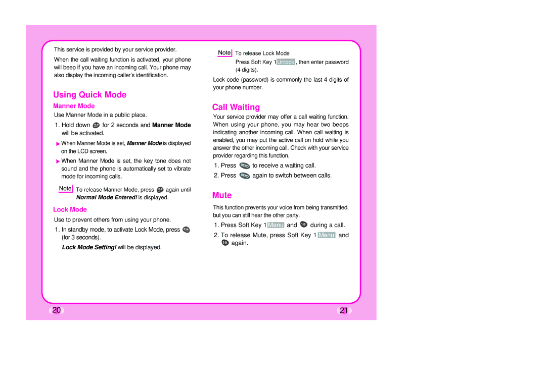 Verizon LG-TM510 manual Using Quick Mode, Call Waiting, Mute, Manner Mode, Lock Mode 