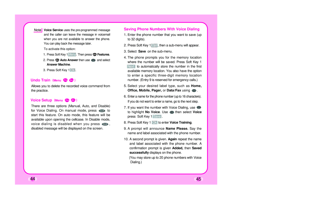 Verizon LG-TM510 manual Undo Train Menu, Voice Setup Menu, Saving Phone Numbers With Voice Dialing 
