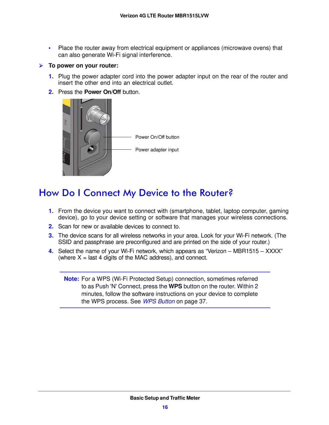 Verizon MBR1515L manual How Do I Connect My Device to the Router?,  To power on your router 