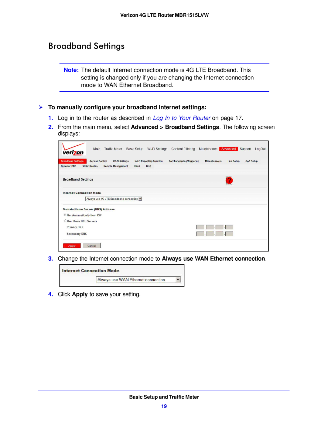 Verizon MBR1515L Broadband Settings,  To manually configure your broadband Internet settings 