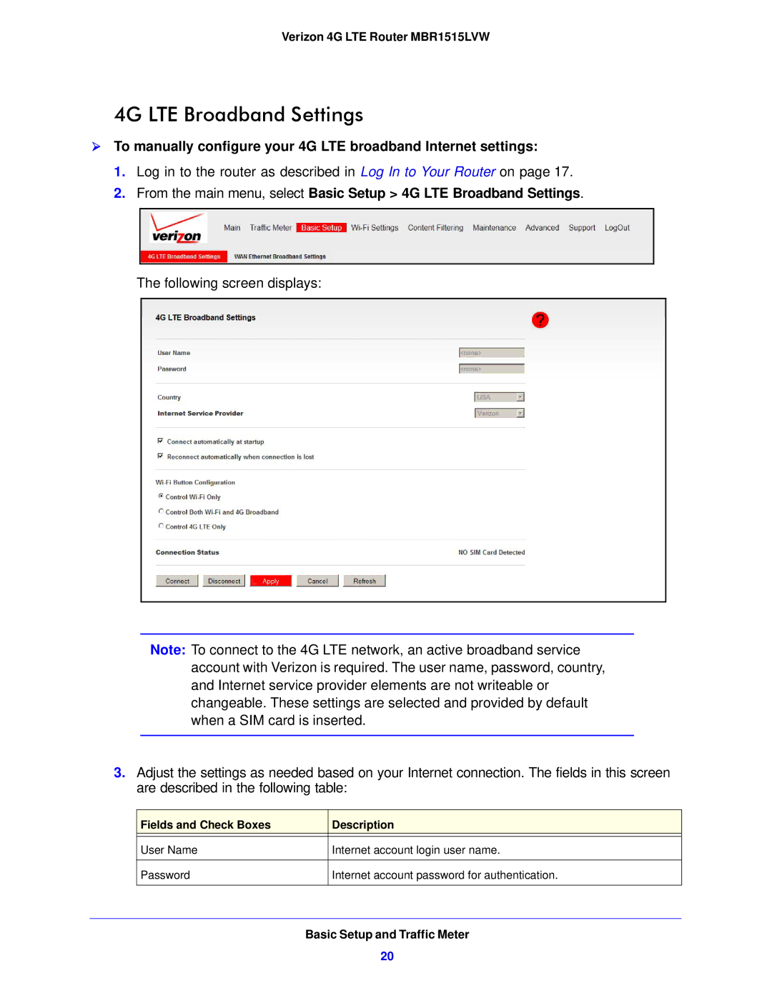 Verizon MBR1515L manual 4G LTE Broadband Settings, Fields and Check Boxes Description 