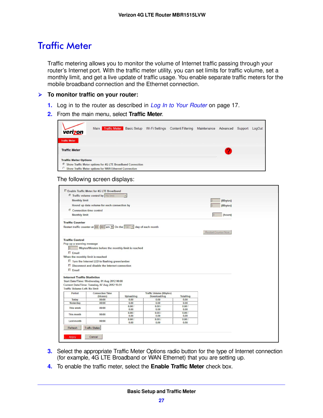 Verizon MBR1515L manual Traffic Meter,  To monitor traffic on your router 