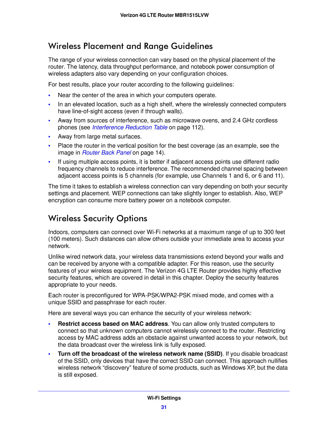 Verizon MBR1515L manual Wireless Placement and Range Guidelines, Wireless Security Options 